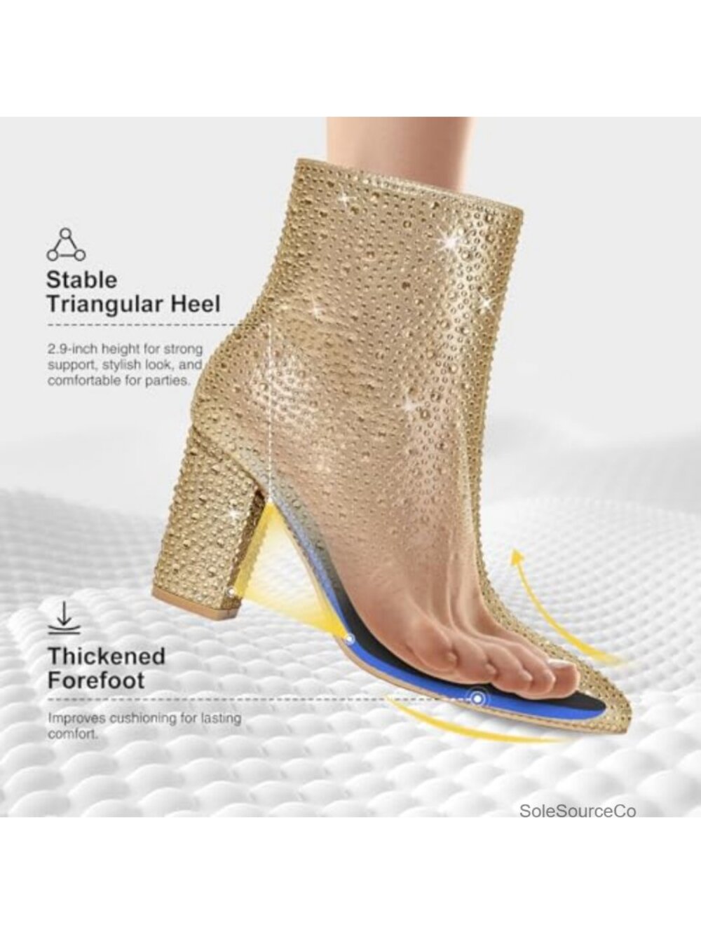 Rhinestone Ankle Booties Pointed Toe Block Heel Side Zip Sparkly Party - Picture 5 of 6